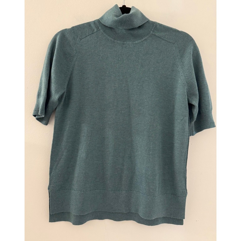 Everlane Womens Wool Cotton Short Sleeve Turtleneck Sweater Green Teal Knit XS